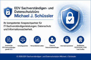 Geschäft - Professionelle Datenschutzlösungen für Unternehmen jeder Größe
Von der Übernahme der Funktion als externer Datenschutzbeauftragter über transparente Monatspauschalen bereits ab 180 € und zahlreiche Vorteile eines extern bestellten Datenschutzbeauftragten bis hin zu unseren digitalen Lösungen PrivacyBox und Website Scanner Pro – wir bieten Ihnen praxisnahe, wirtschaftliche und rechtssichere Datenschutzlösungen aus einer Hand. - EDV Sachverständigen- und Datenschutzbüro Michael J. Schüssler